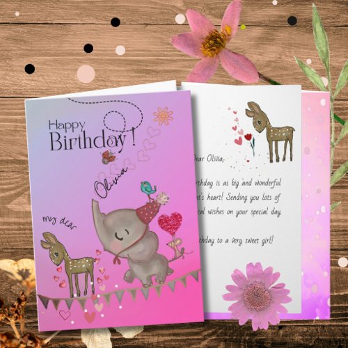 Whimsical Pink Elephant & Deer Girl Birthday Card