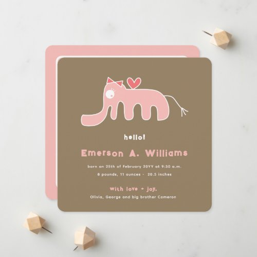 Whimsical Pink Elephant Love Baby Girl Photo Birth Announcement