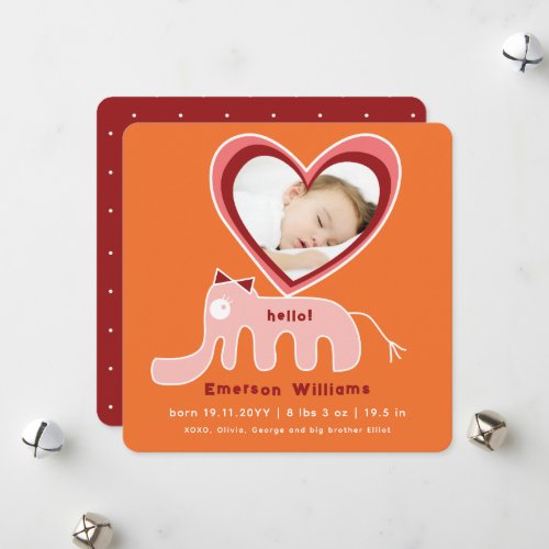 Whimsical Pink Elephant Love Baby Girl Photo Birth Holiday Card