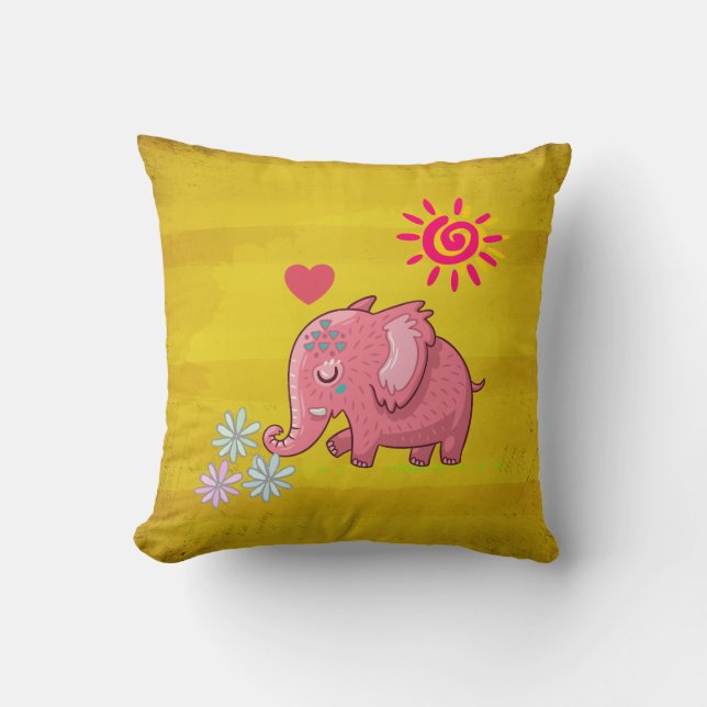 Whimsical Pink Elephant Smelling Some Daisies Throw Pillow (Front)
