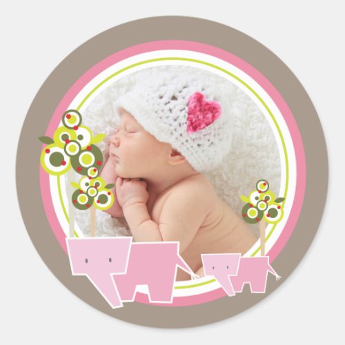 Whimsical Pink Elephants Family Baby Girl Photo Classic Round Sticker