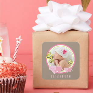 Whimsical Pink Elephants Family Baby Girl Photo Square Sticker