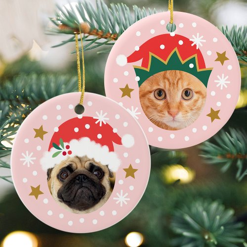 Whimsical Pink Elf Santa Face In Hole 2 Pet Photo Ceramic Ornament