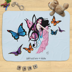 Whimsical Pink Fairy Blue Fantasy Music Note Baby Blanket