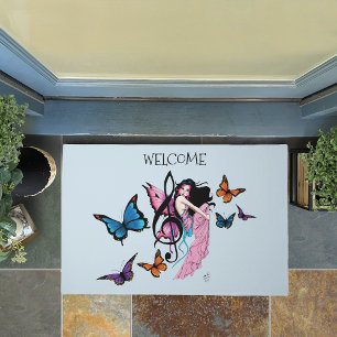 Whimsical Pink Fairy Blue Fantasy Music Note Doormat