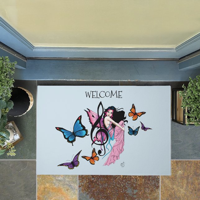 Whimsical Pink Fairy Blue Fantasy Music Note Doormat (Creator Uploaded)