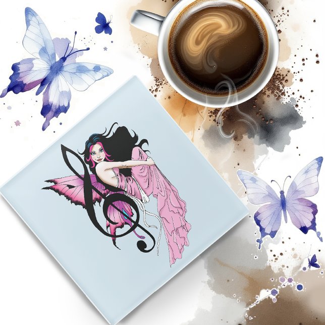 Whimsical Pink Fairy Blue Fantasy Music Note Glass Coaster (Creator Uploaded)