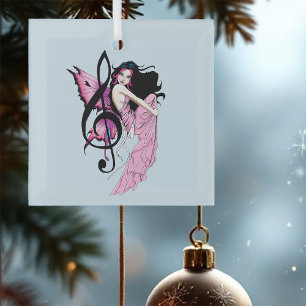 Whimsical Pink Fairy Blue Fantasy Music Note Glass Ornament