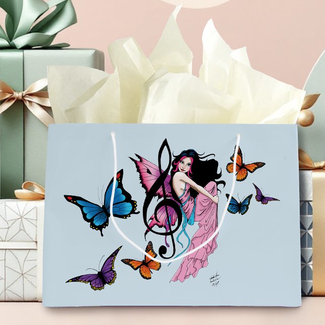 Whimsical Pink Fairy Blue Fantasy Music Note Large Gift Bag (Creator Uploaded)