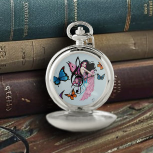 Whimsical Pink Fairy Blue Fantasy Music Note Pocket Watch