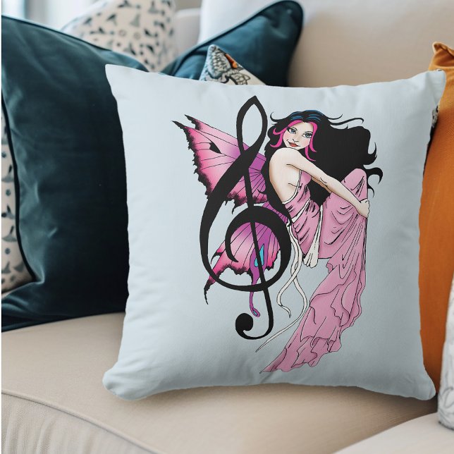 Whimsical Pink Fairy Blue Fantasy Music Note Throw Pillow (Creator Uploaded)