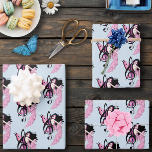Whimsical Pink Fairy Blue Fantasy Music Note Wrapping Paper Sheets