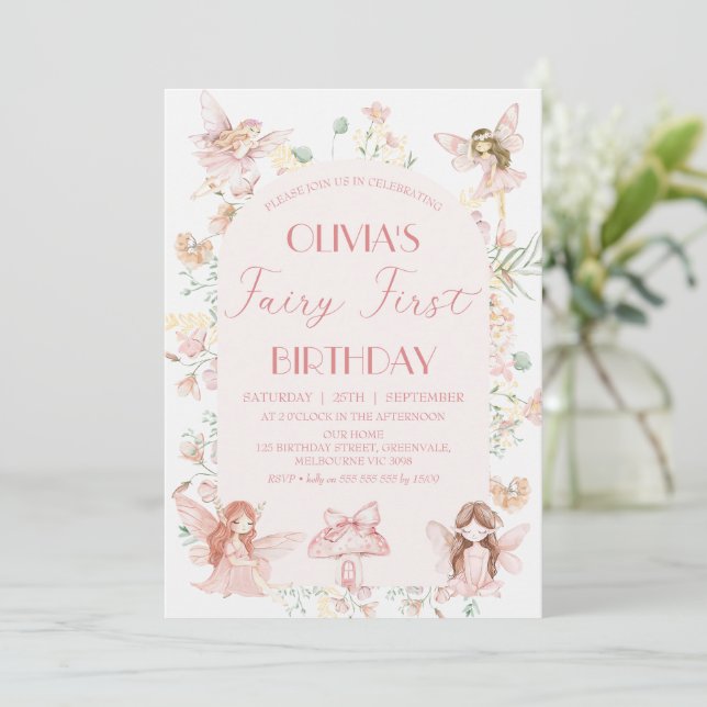 Whimsical Pink Fairy First Birthday 1st Birthday Invitation (Standing Front)