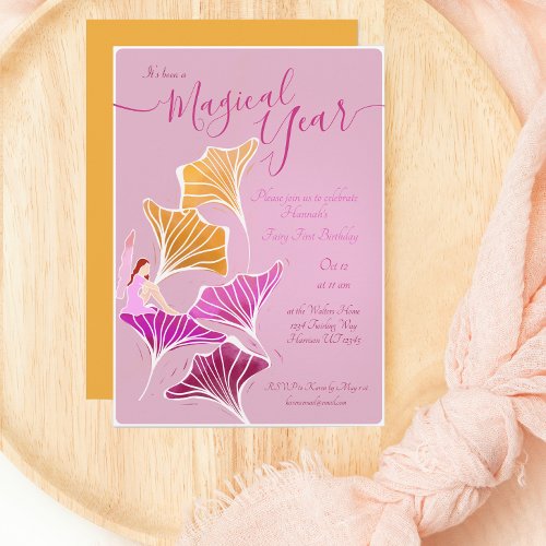 Whimsical Pink Fairy First Magic Birthday Invitation