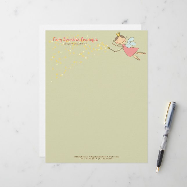 Whimsical Pink Fairy Princess And Magical Stars Letterhead (Front/Back In Situ)