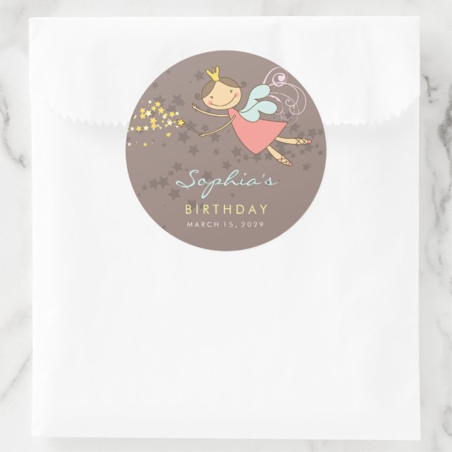 Whimsical Pink Fairy Princess Stars Girl Birthday Classic Round Sticker (Bag)