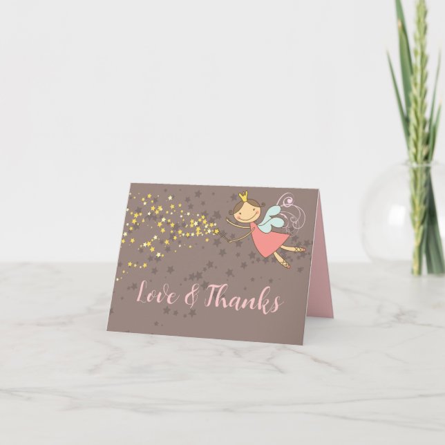 Whimsical Pink Fairy Princess Stars Girl Birthday Thank You Card (Front)