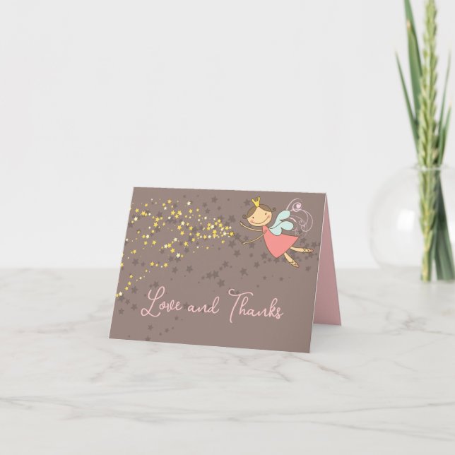 Whimsical Pink Fairy Princess Stars Girl Birthday Thank You Card (Front)