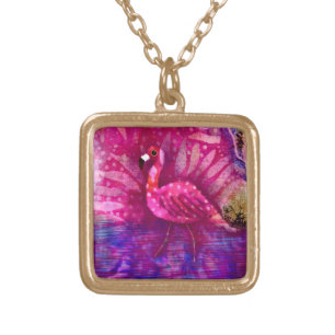 Whimsical Pink Flamingo Abstract Art Purple Green Gold Plated Necklace