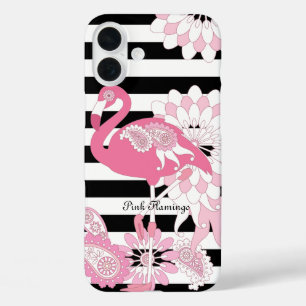Whimsical Pink Flamingo Black and White Striped iPhone 16 Plus Case