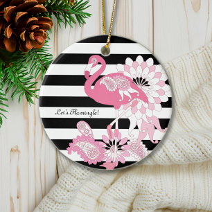 Whimsical Pink Flamingo Black and White Striped Ceramic Ornament