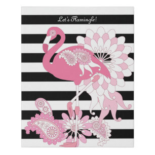 Whimsical Pink Flamingo Black and White Striped Faux Canvas Print