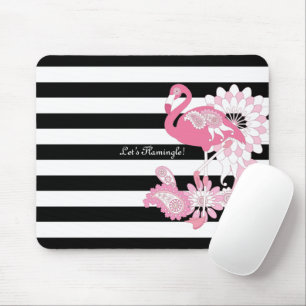 Whimsical Pink Flamingo Black and White Striped Mouse Pad