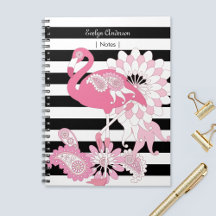 Whimsical Pink Flamingo Black and White Striped