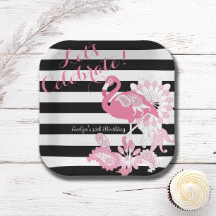 Whimsical Pink Flamingo Black and White Striped Paper Plates