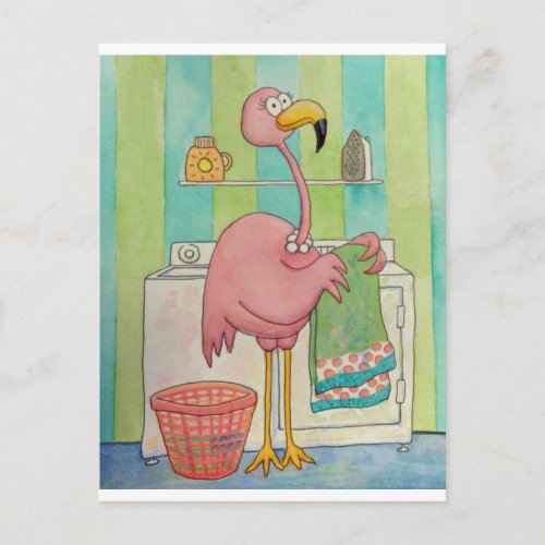 Whimsical Pink Flamingo Does Laundry Cute Postcard