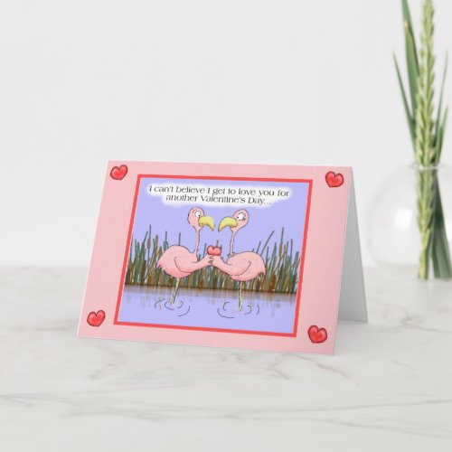 Whimsical Pink Flamingo Happy Valentines Day Card