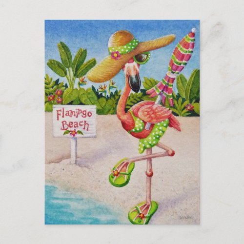 Whimsical Pink Flamingo No 2 Watercolor Art Postcard
