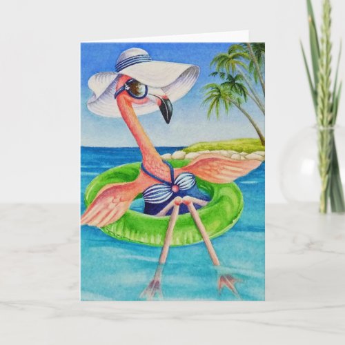 Whimsical Pink Flamingo No 3 Watercolor Art Card