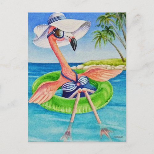 Whimsical Pink Flamingo No 3 Watercolor Art Postcard