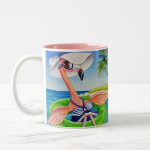 Whimsical Pink Flamingo No. 3 Watercolor Art Two-Tone Coffee Mug