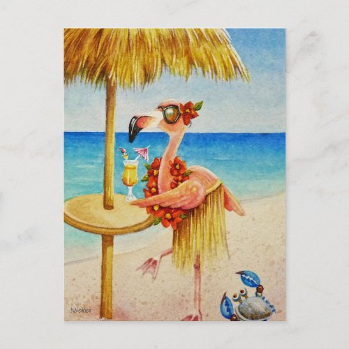Whimsical Pink Flamingo No 4 Watercolor Art Postcard