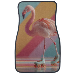 Whimsical Pink Flamingo on Roller Skates Car Floor Mat