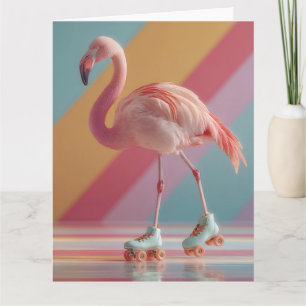 Whimsical Pink Flamingo on Roller Skates Card