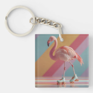 Whimsical Pink Flamingo on Roller Skates Keychain