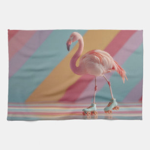 Whimsical Pink Flamingo on Roller Skates Kitchen Towel