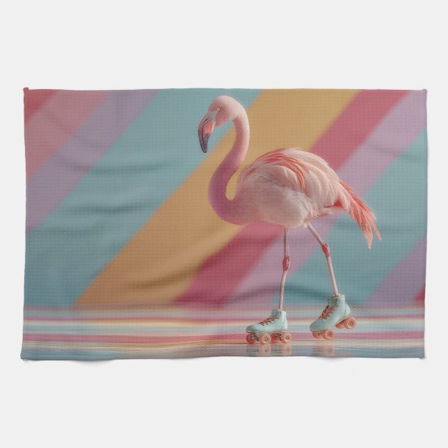 Whimsical Pink Flamingo on Roller Skates Kitchen Towel (Horizontal)