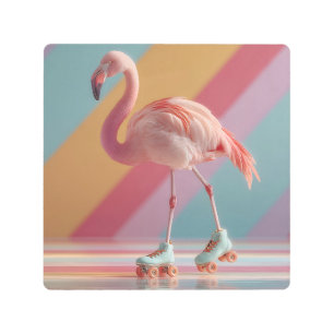 Whimsical Pink Flamingo on Roller Skates Metal Print