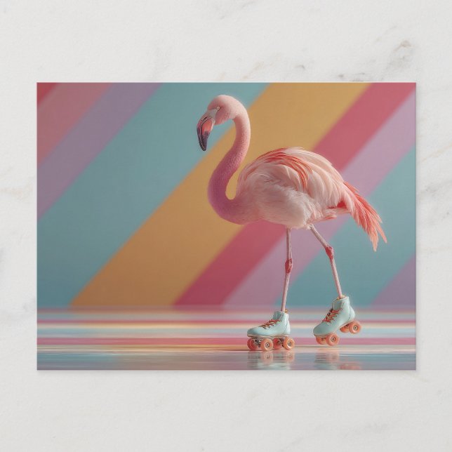 Whimsical Pink Flamingo on Roller Skates Postcard (Front)