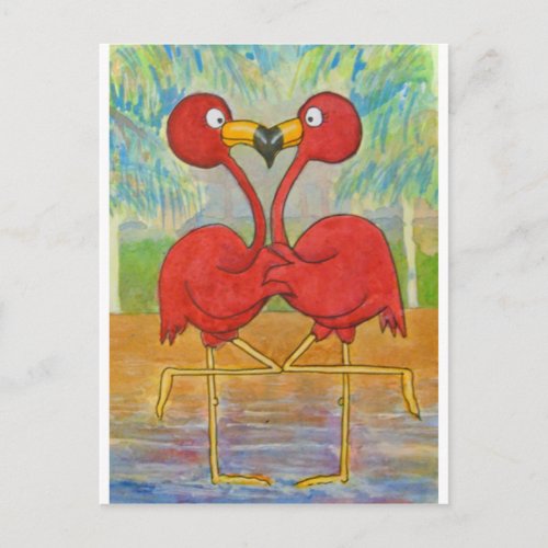 Whimsical Pink Flamingo Pair on Beach Island Art Postcard