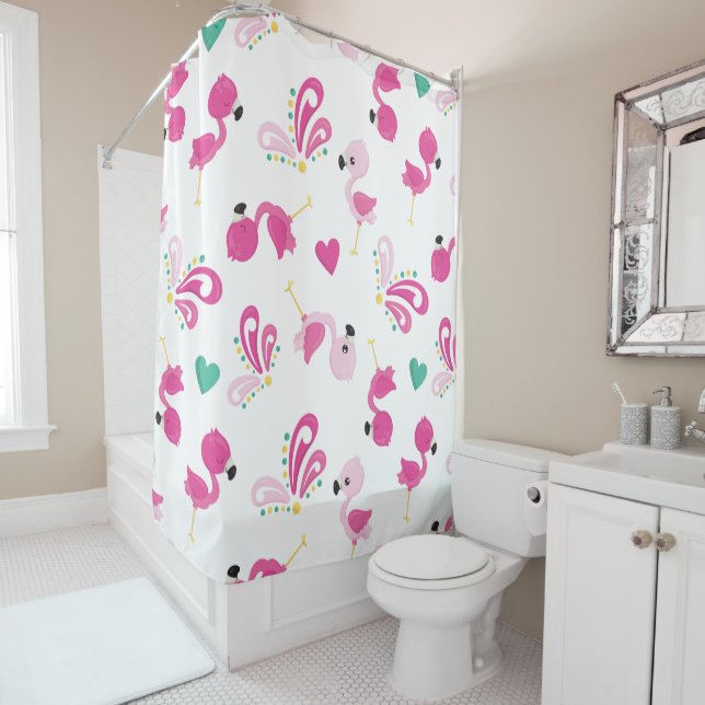 Whimsical Pink Flamingo Pattern Shower Curtain (In Situ)