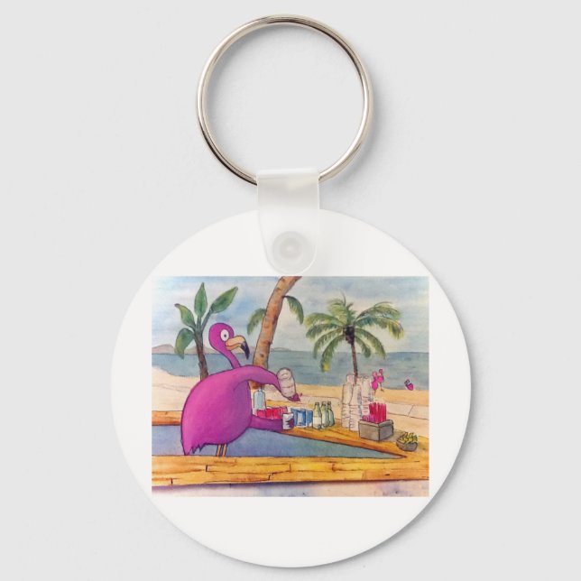 Whimsical Pink Flamingo Pours Party Drinks Beach Keychain (Front)