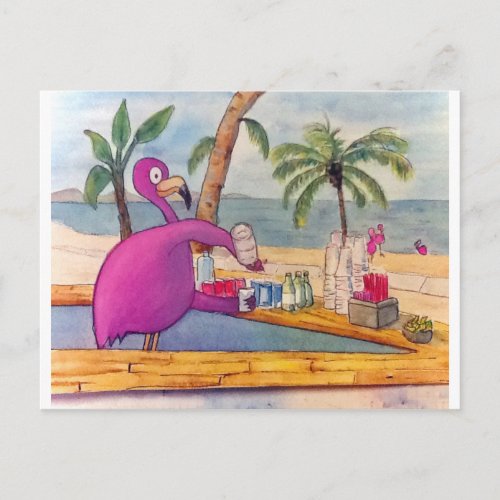 Whimsical Pink Flamingo Pours Party Drinks Beach Postcard