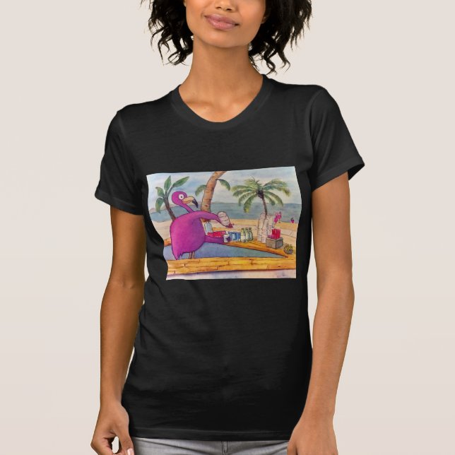 Whimsical Pink Flamingo Pours Party Drinks Beach T-Shirt (Front)