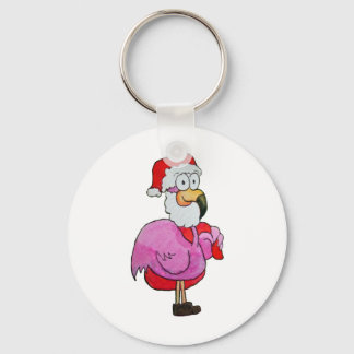 Whimsical Pink Flamingo Santa W/ Toy Bag Hat Keychain