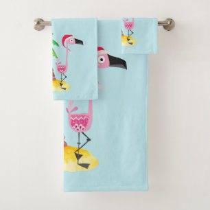 Whimsical Pink Flamingo Tropical Christmas Bath Towel Set